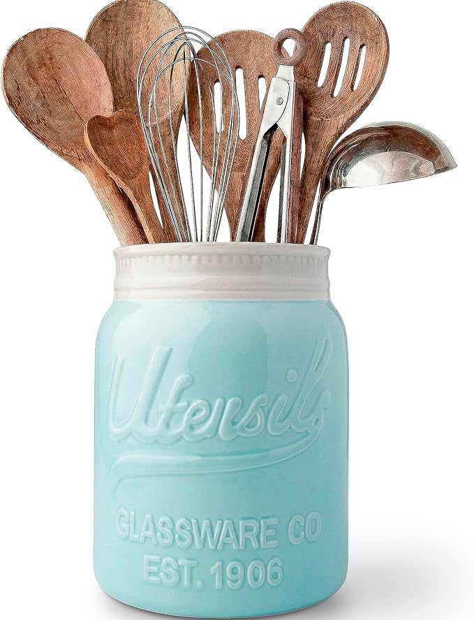 Comfify Wide Mouth Mason Jar Utensil Holder Decorative Kitchenware Organizer Crock, Dishwasher Safe - Kitchen Caddy Aqua Blue for Countertop, Large Size 7" Hight by Comfify
