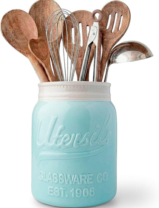 Comfify Wide Mouth Mason Jar Utensil Holder Decorative Kitchenware Organizer Crock, Dishwasher Safe - Kitchen Caddy Aqua Blue for Countertop, Large Size 7" Hight by Comfify