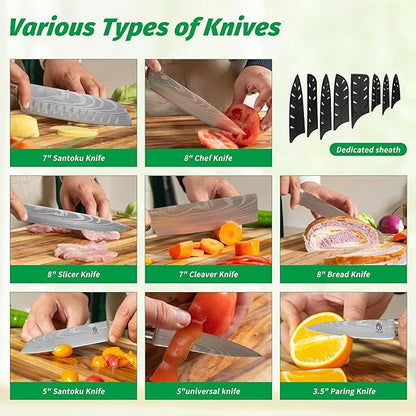 FULLHI 15pcs Japanese Knife Set with Magnetic Knife Block Holder, Japan Stainless Steel Blades, Ergonomic Handles for Professional and Home Cooking (Pink, Knife set)