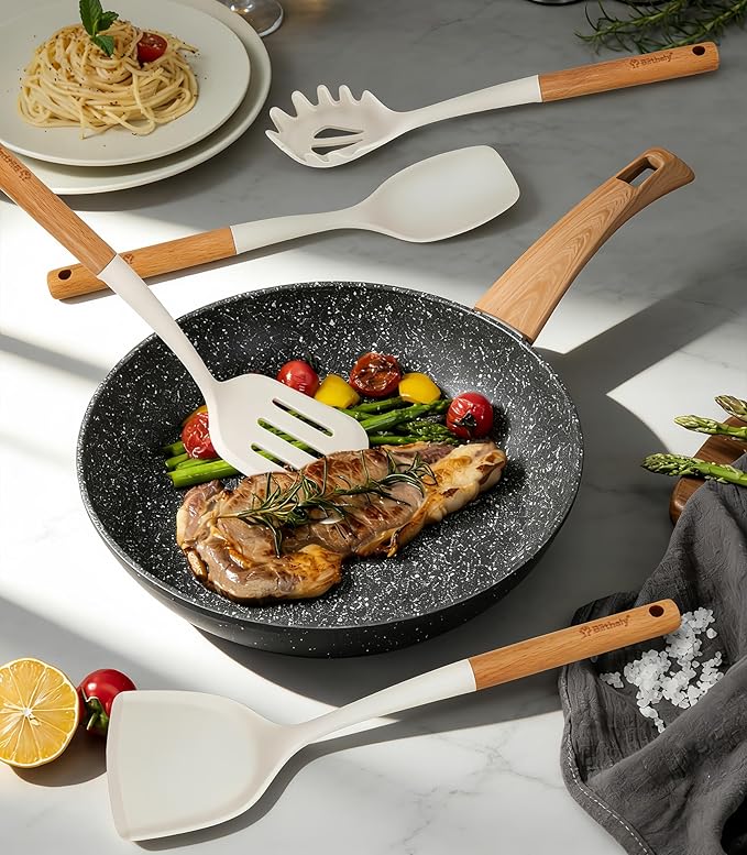 Large Silicone Cooking Utensils Set, 10Pcs Nonstick Kitchen Utensil Set with Wooden Handle, Heat Resistant Silicone Utensils for Cooking, BPA Free Spatula Set with Turners Spoon Ladle Skimmer(White) - Image 2