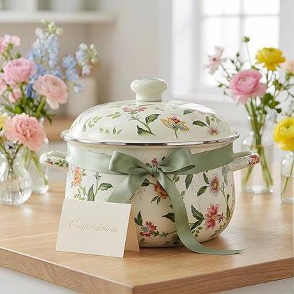 Jucoan 5 Quart Enamel Stockpot with Lid, Green Floral Enamelware Cooking Pot with Dual Handles for Stovetop, Large Soup Pot Potpourri Simmer Pot Gift for Housewarming Bridal Shower Mother's Day - Image 9
