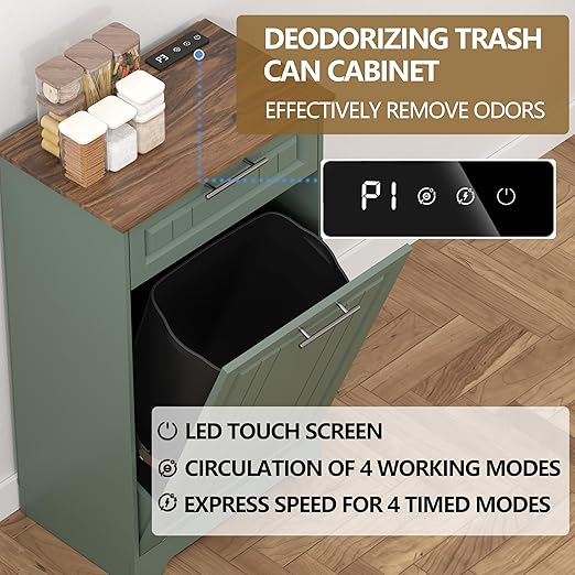 Single 10 Gallon Tilt Out Trash Can Cabinet with Deodorizing Function, Wooden Hidden Garbage Can Holder with Storage Drawers for Kitchen and Dining Room, Laundry Hamper Cabinet for Bathroom, Green
