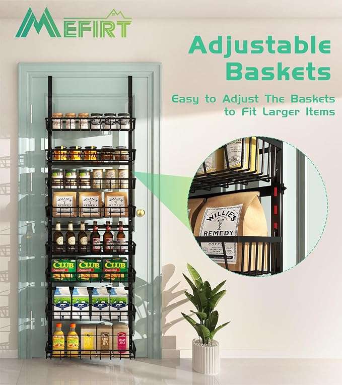 Mefirt Over The Door Pantry Organizer, Wall Mount Spice Rack, Pantry Hanging Storage and Organization, 8 Adjustable Baskets Heavy-Duty Metal for Home & Kitchen, Back of Door Seasoning Rack - Black - Image 3
