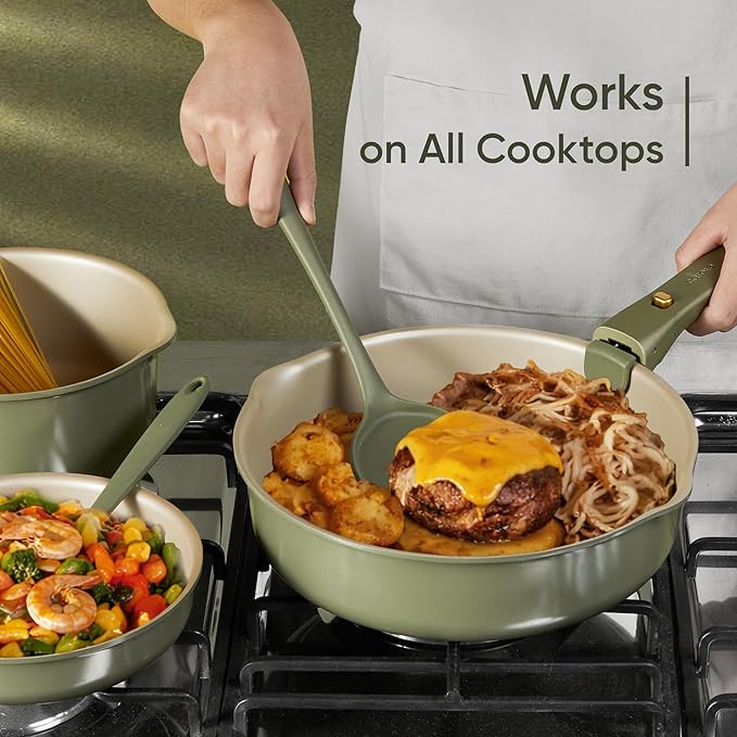 CAROTE 19 Pcs Pots and Pans Set, Nonstick Cookware Sets with Detachable Handle, Titanium Reinforced, Oven Safe, Cookware Non Stick Cooking Set w/Frying Pans & Saucepans Green(PFOS, PFOA Free) - Image 6