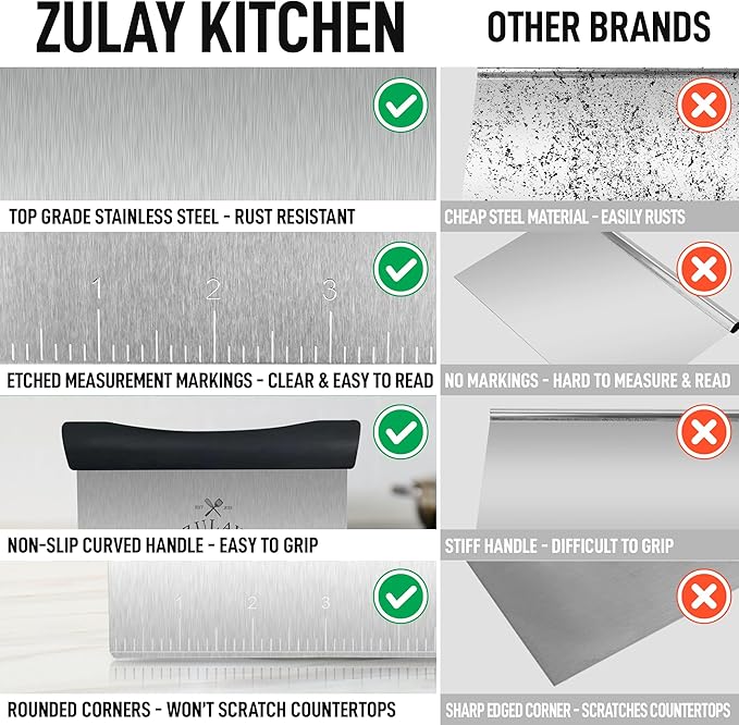 Zulay Premium Multi-purpose Stainless Steel Bench Scraper & Chopper, Easy to Read Etched Markings for Perfect Cuts, Quick & Easy Multi-use Dough Scraper, Dough Cutter & Pastry Scraper (Black) - Image 7