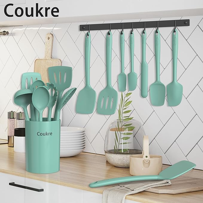 Coukre Silicone Kitchen Cooking Utensils Set with Holder – Heat-Resistant, Food-Grade Kitchen Tools, Spatula, Spoon & Gadgets for Non-Stick Pans, Dishwasher Safe (14, PureAquaGreen) - Image 6