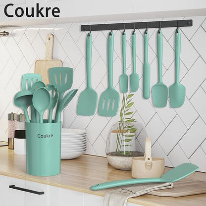 Coukre Silicone Kitchen Cooking Utensils Set with Holder – Heat-Resistant, Food-Grade Kitchen Tools, Spatula, Spoon & Gadgets for Non-Stick Pans, Dishwasher Safe (14, PureAquaGreen) - Image 6