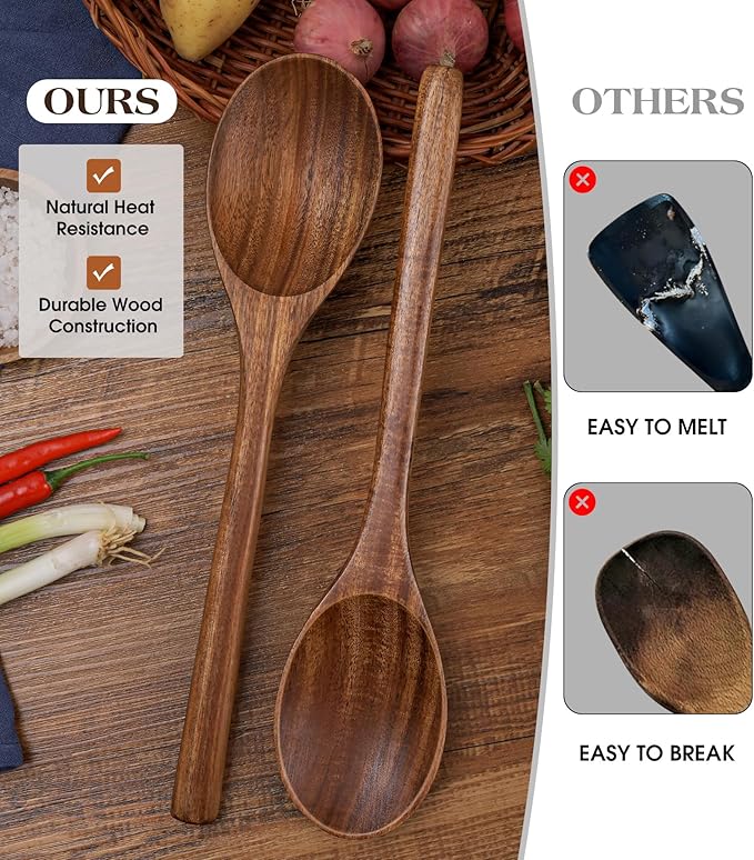 2PCS Wooden Spoons for Cooking, Natural Acacia Wood Cooking Spoons, Large Serving Spoons for Nonstick Cookware, Heat Resistant Durable Wooden Kitchen Utensils for Mixing Salad, Serving and Stirring - Image 6