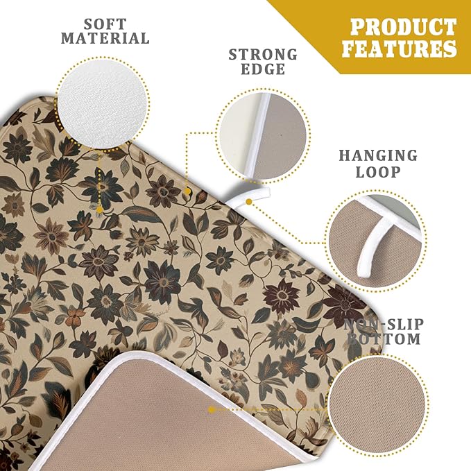 Giwawa 16"x18" Vintage Floral Decorative Dish Drying Mat- Rustic Boho Flowers Dish Drainer Mats- Abstract Antique Plant Reversible Microfiber Dish Drying Pad for Kitchen Countertop Sink Decor