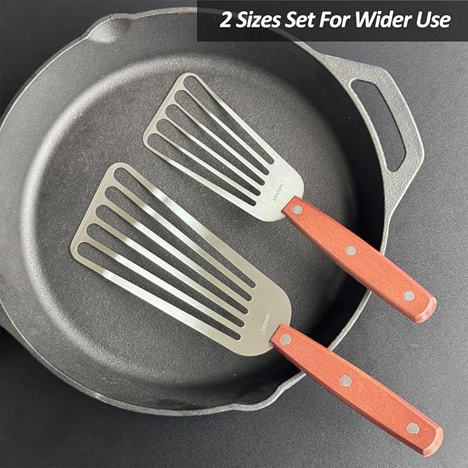 2 Pack Fish Spatula Turner, Stainless Steel Slotted Spatulas for Flipping, Turning, Frying & Grilling, 3"x6"+4"x8" Metal Slotted Spatulas, Wooden Full Tang Handle & Curved Blade - Image 2