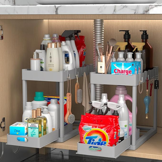 2PC Under Sink Organizer Rack 2 Tier Under Sliding Cabinet Basket Organizer Drawer with 4 Hooks, Multi-purpose Under Sink Storage for Bathroom Kitchen Desktop（Grey） by Pougny