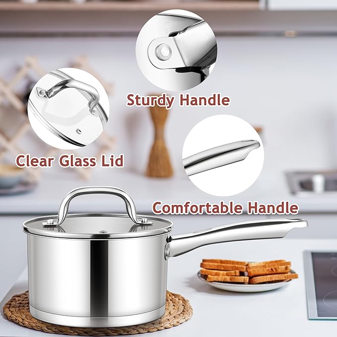 E-far Stainless Steel Saucepan with Lid, 3 Quart Sauce Pan Induction Pot for Cooking, Boiling, Compatible with All Stoves, Healthy & Non Toxic, Oven & Dishwasher Safe - Image 5