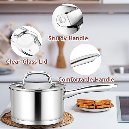 E-far Stainless Steel Saucepan with Lid, 3 Quart Sauce Pan Induction Pot for Cooking, Boiling, Compatible with All Stoves, Healthy & Non Toxic, Oven & Dishwasher Safe - Image 5
