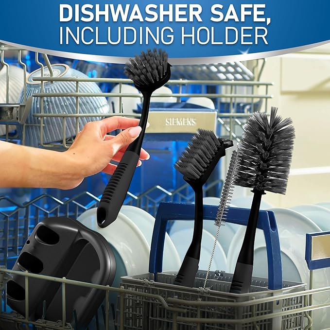 Dish Brush Set of 5 with Holder - Kitchen Scrub Brushes with Non-Slip Long Handle for Cleaning, Scrubber, Dishwashing, Dishes, Bottles, Straws, Cups, Pots & Sink, Black - Image 7