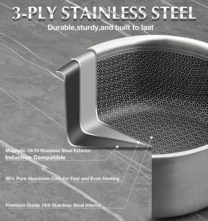 KOCH SYSTEME CS Hybrid Nonstick Stainless Steel Sauce Pan 3QT, Tri-ply Stainless Steel Pot with Honeycomb Interior, Hybrid Sauce Pan with Lid, 18/10 Steel Pot, Induction Compatible - Image 3