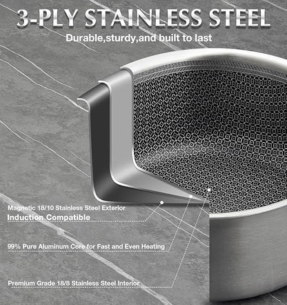 KOCH SYSTEME CS Hybrid Nonstick Stainless Steel Sauce Pan 3QT, Tri-ply Stainless Steel Pot with Honeycomb Interior, Hybrid Sauce Pan with Lid, 18/10 Steel Pot, Induction Compatible - Image 3