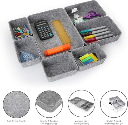 Welaxy Office drawer organizers trays felt storage bin organize dividers Box Dorm Home for stationery craft junk sorting 7-piece sleek minimalist lifestyle (gray)