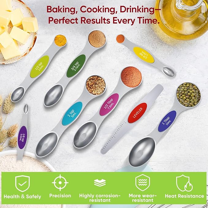 Magnetic Measuring Spoons Set with Strong N45 Magnets, Heavy Duty Stainless Steel Metal, Fits in Most Kitchen Spice Jars for Baking & Cooking, BPA Free, Multicolor - Image 6