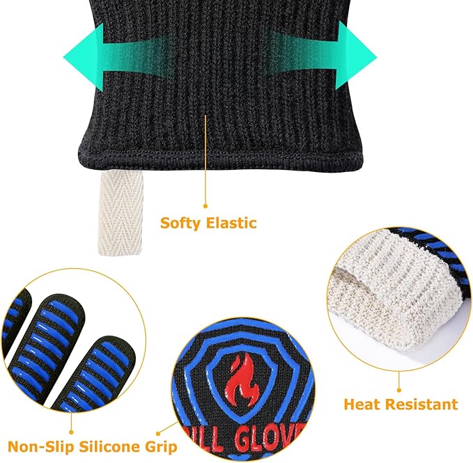 QUWIN BBQ Gloves, Oven Gloves 1472℉ Extreme Heat Resistant, Grilling Gloves Silicone Non-Slip Oven Mitts, Kitchen Gloves for BBQ, Grilling, Cooking, Baking-1 Pair… (Black Blue, One SizeLong Cuff - Image 6