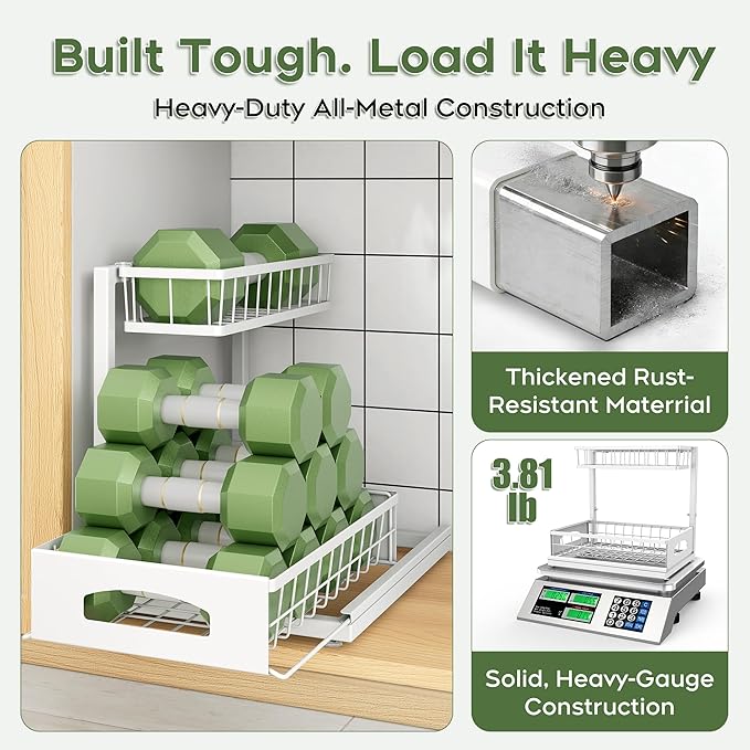 Under Sink Organizer, 2 Pack Cabinet Organizer for Kitchen, Height Adjustable Pull Out Heavy Duty 2 Tier Metal Under Sink Storage for Bathroom Pantry (White, 2 Pack) - Image 5