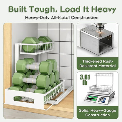 Under Sink Organizer, 2 Pack Cabinet Organizer for Kitchen, Height Adjustable Pull Out Heavy Duty 2 Tier Metal Under Sink Storage for Bathroom Pantry (White, 2 Pack) - Image 5