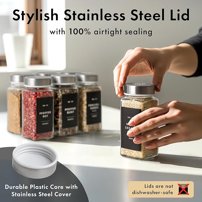 EDELHAUS Glass Spice Jars with Labels and Steel Lids (24 x 4oz) Spice Containers with 240 Label, Steel Funnel, Shaker Inserts, Empty Square Seasoning Organizer for Spice Rack, Cabinet, Drawer - Image 7