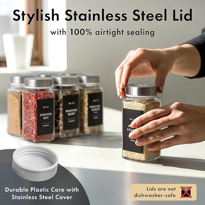 EDELHAUS Glass Spice Jars with Labels and Steel Lids (24 x 4oz) Spice Containers with 240 Label, Steel Funnel, Shaker Inserts, Empty Square Seasoning Organizer for Spice Rack, Cabinet, Drawer - Image 7
