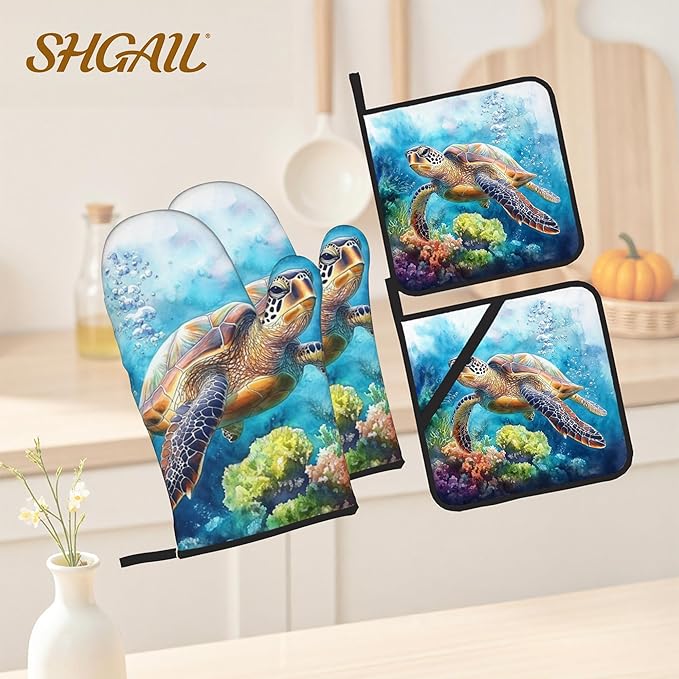 Ocean Turtle Pattern Oven Gloves and Hot Pads Set - Heatproof Hand Protection for Baking, Grilling, Cooking 4Pcs