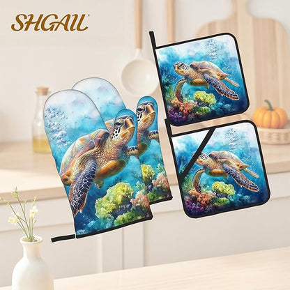 Ocean Turtle Pattern Oven Gloves and Hot Pads Set - Heatproof Hand Protection for Baking, Grilling, Cooking 4Pcs