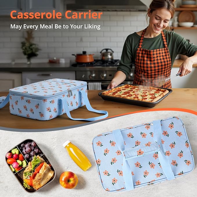 Insulated Casserole Carrier for Hot or Cold Food,Pie Carrier Bag Lunch Bag Tote for Potluck Parties/Picnic/Cookouts, Fits 9"x13" Baking Dish,Single Corduroy Flowers