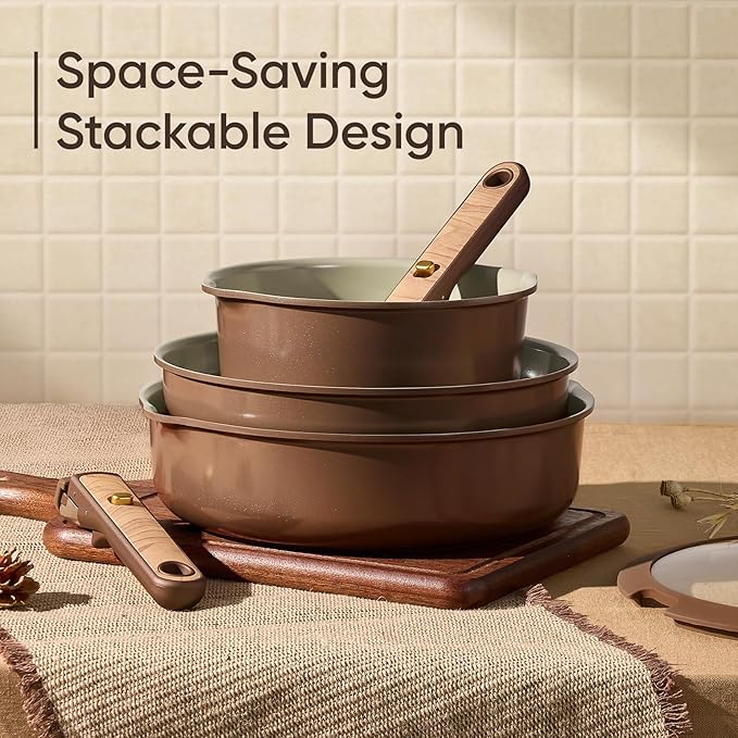 CAROTE Ceramic Cookware Set, Pots and Pans Set Non Stick with Detachable Handle, RV Kitchen Cooking Set, Induction & Oven Safe, PFAS and PFOA Free, Pistachio Green 19 Pcs - Image 4