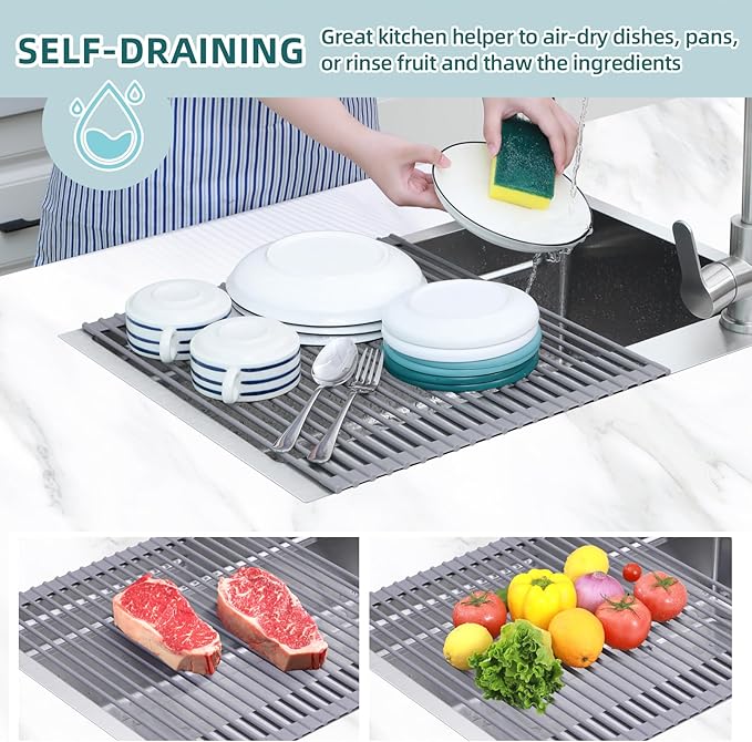 Ohuhu Over Sink Dish Drying Rack, Silicone Wrapped 17.6" W x 15.4" L Large Over The Sink Roll Up Dish Drainer - Foldable Sink Drying Rack Rolling Drain Mats Anti-Slip Multipurpose for Kitchen Counter - Image 2