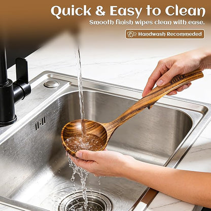 Wooden Ladle for Soup, Set of 3 Natural Teak Wood Ladle with Back Hooks, Wooden Soup Ladle for Cooking, Serving and Stirring | Comfortable Grip, Heat-Resistant &Non-Stick Teak Wooden Utensil Set - Image 6