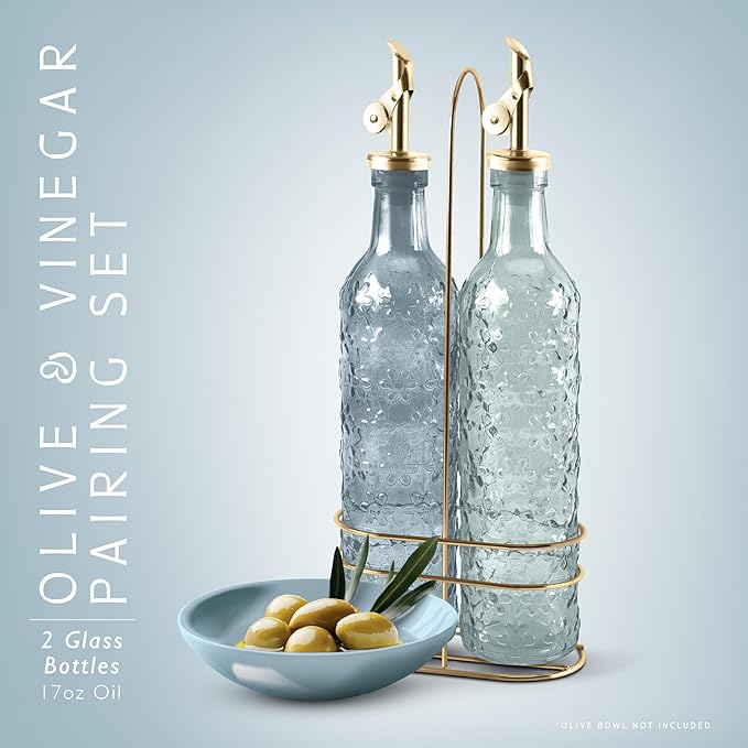 COOK WITH COLOR Glass Olive Oil Bottle Dispenser - 2 Pack- 17oz Oil and Vinegar Cruet - Olive Oil Carafe Decanter for Kitchen, Floral, Blue - Image 2