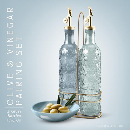 COOK WITH COLOR Glass Olive Oil Bottle Dispenser - 2 Pack- 17oz Oil and Vinegar Cruet - Olive Oil Carafe Decanter for Kitchen, Floral, Blue - Image 2