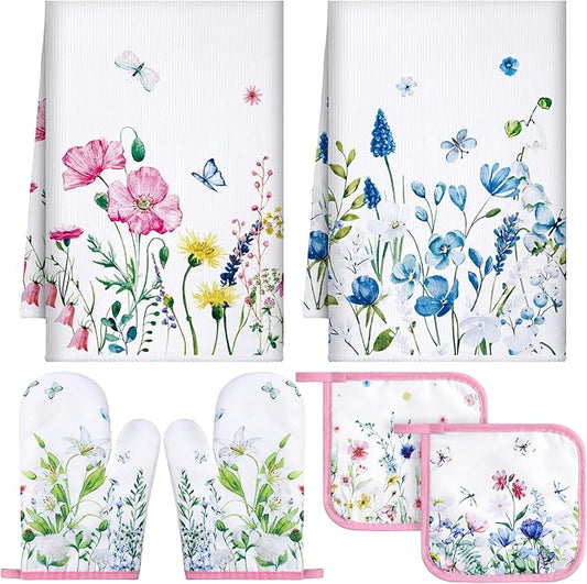 Leinuosen 6 Wild Flower Kitchen Towels Kitchen Decor and Accessories Set Floral Plant Oven Mitts and Pot Holders Sets Farmhouse Absorbent Dish Towels for Cooking Baking Grilling by Leinuosen