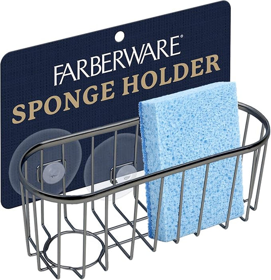 Best Brands Farberware Sponge Holder for Kitchen Sink—Brushed Metal Sink Caddy Organizer with Triple Suction Cups, Kitchen Organizer for Sponges, Brushes, Soap & Cleaning Essentials