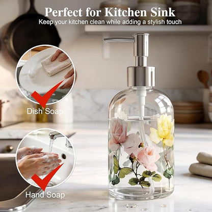 17oz Glass Soap Dispenser with Plastic Pump, 2 Pack Refillable Kitchen Soap Dispenser for Dish Soap, Soap Dispenser Bathroom for Hand Soap, Lotion, Body Wash(Flower)