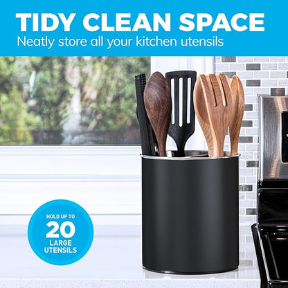 Cooler Kitchen Black Rotating Extra Large Stainless Steel Utensil Holder Caddy with Sturdy No-Tip Weighted Base, Removable Divider, and Gripped Insert - Dishwasher Safe Metal Cooking Utensil Holder - Image 5