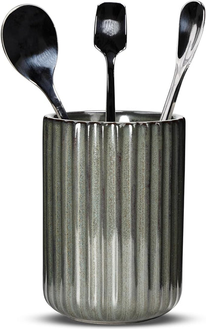 Ceramic Spoon Holder for Coffee Bar, Upright Tea Spoon Holder Cup, Coffee Stirrers Straws Stir Stick Holder, Cement Grey Fluted Surface by U-TIMES
