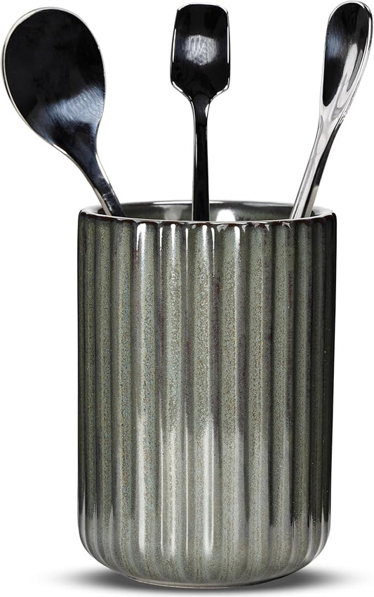 Ceramic Spoon Holder for Coffee Bar, Upright Tea Spoon Holder Cup, Coffee Stirrers Straws Stir Stick Holder, Cement Grey Fluted Surface by U-TIMES
