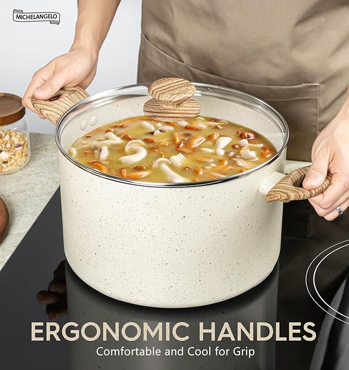 MICHELANGELO 8 Quart Stock Pot with Lid, Nonstick Cooking Pots, 8 Qt Soup Pot with Lid, Induction Pots for Cooking, Stockpot with Healthy Coating, White - Image 2