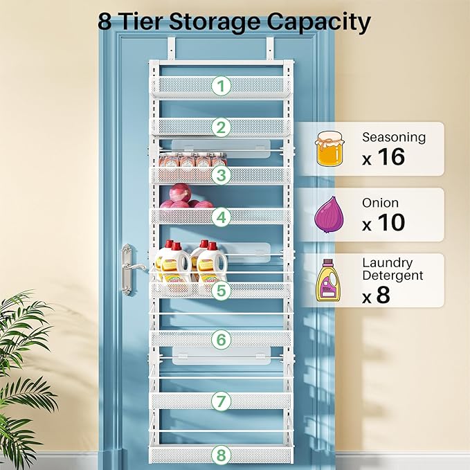 SNTD 8 Tiers Over the Door Organizer - Height Adjustable Pantry Organizers and Storage with Dense Mesh Baskets, Anti-Swing Hanging Door Spice Rack for Kitchen Bathroom (White, 17" W x 6" D x 69" H) - Image 6