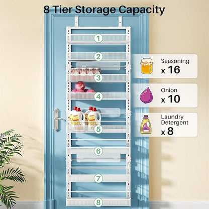 SNTD 8 Tiers Over the Door Organizer - Height Adjustable Pantry Organizers and Storage with Dense Mesh Baskets, Anti-Swing Hanging Door Spice Rack for Kitchen Bathroom (White, 17" W x 6" D x 69" H) - Image 6
