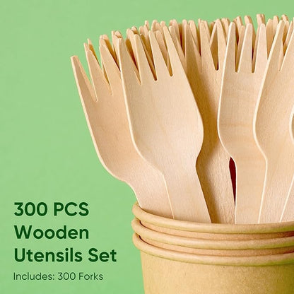 Disposable Wooden Utensils Set, Compostable Utensils, Disposable Cutlery Eco-Friendly Silverware Set for Parties, Catering, Office Lunches-300 PCS 6.2" Forks