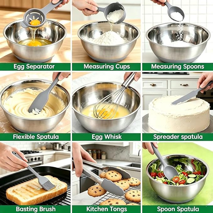 Deedro Premium Mixing Bowls with Airtight Lids Set, 22Pcs Thicker Stainless Steel Mixing Bowl Set, Large Prep Metal Bowls, Non-Slip Silicone Base Nesting Bowls for Kitchen, 1.5/2/3/4/5 QT, Gray - Image 6