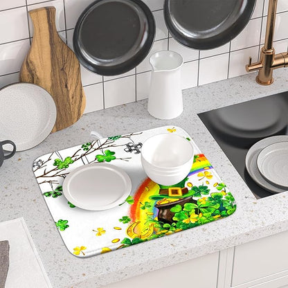 Giwawa St Patrick Dish Drying Mat Small Lucky Clover Tree Shamrock Dish Drainer Mats 16x18inch Spring Elf Hat Rainbow Colorful Fast Drying Absorbent Dish Drying Pad for Kitchen Counter Decor