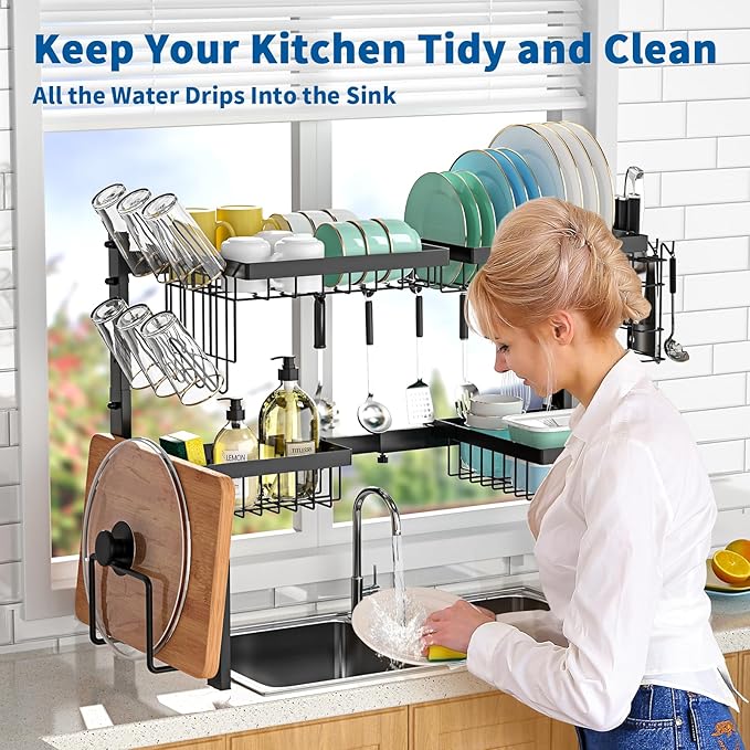 Over The Sink Dish Drying Rack,Expandable 2-Tier Stainless Steel Over The Sink Dish Rack with Utensil Holder Dish Drainers for Kitchen Counter - Image 6