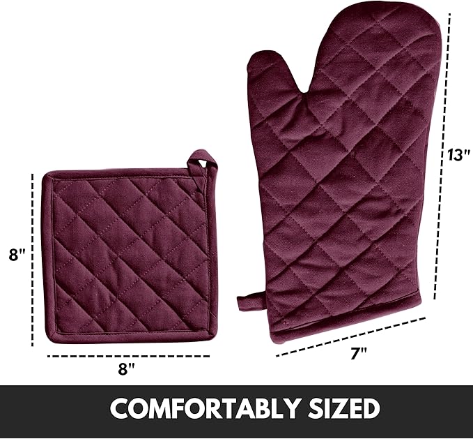 Oven Mitt (7"x13") & Pot Holder (8"x8") 100% Cotton Set of Heat Resistant Oven Gloves & Hot Pads for Gifts, BBQ, Cooking, Baking, Thanksgiving - Burgundy Wine