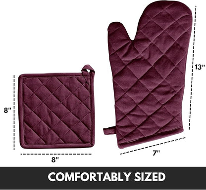 Oven Mitt (7"x13") & Pot Holder (8"x8") 100% Cotton Set of Heat Resistant Oven Gloves & Hot Pads for Gifts, BBQ, Cooking, Baking, Thanksgiving - Burgundy Wine